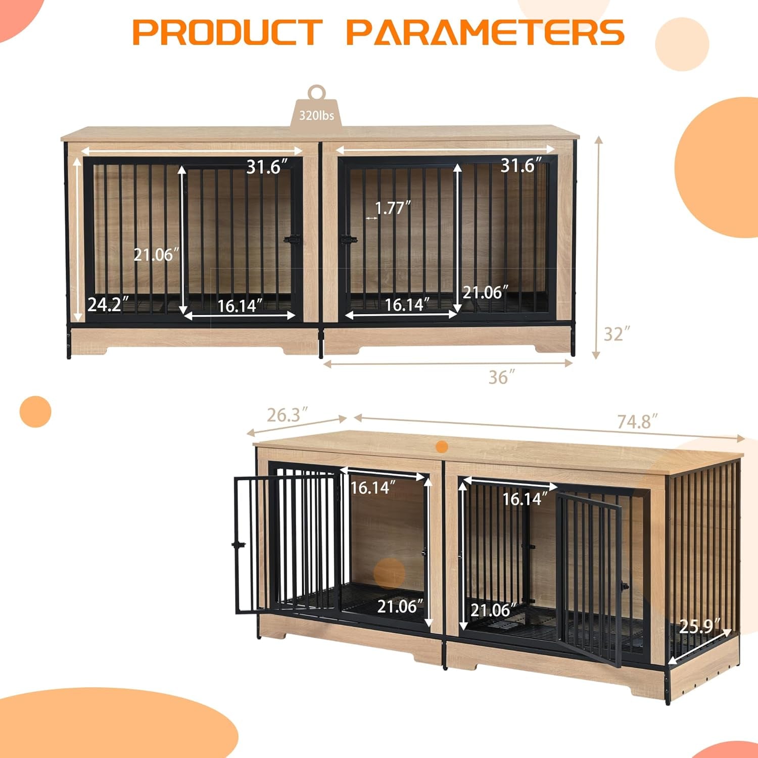 74.8" Large Dog Crate Furniture, Heavy Duty Dog Kennel House with 2 Removable Trays and Divider, Double Doors & Locks Design, Indoor Wooden Dog Crates TV Stand (Black+Natural, 74.80" L)