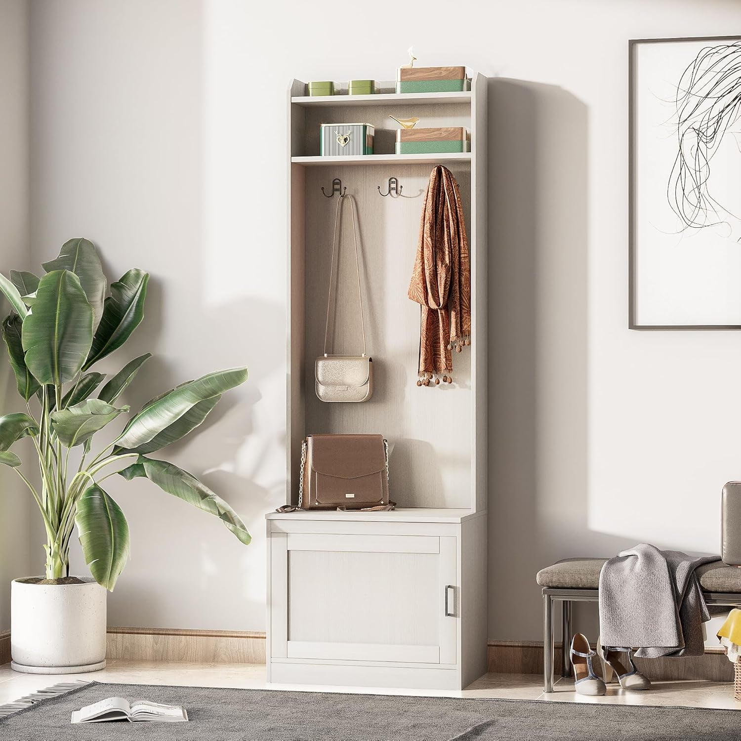 Narrow Hall Tree with Shoe Storage Bench, Rustic Entryway Bench with Coat Rack, Accent Coat Tree with Storage Shelves for Hallway, Mudroom, White Wood Grain
