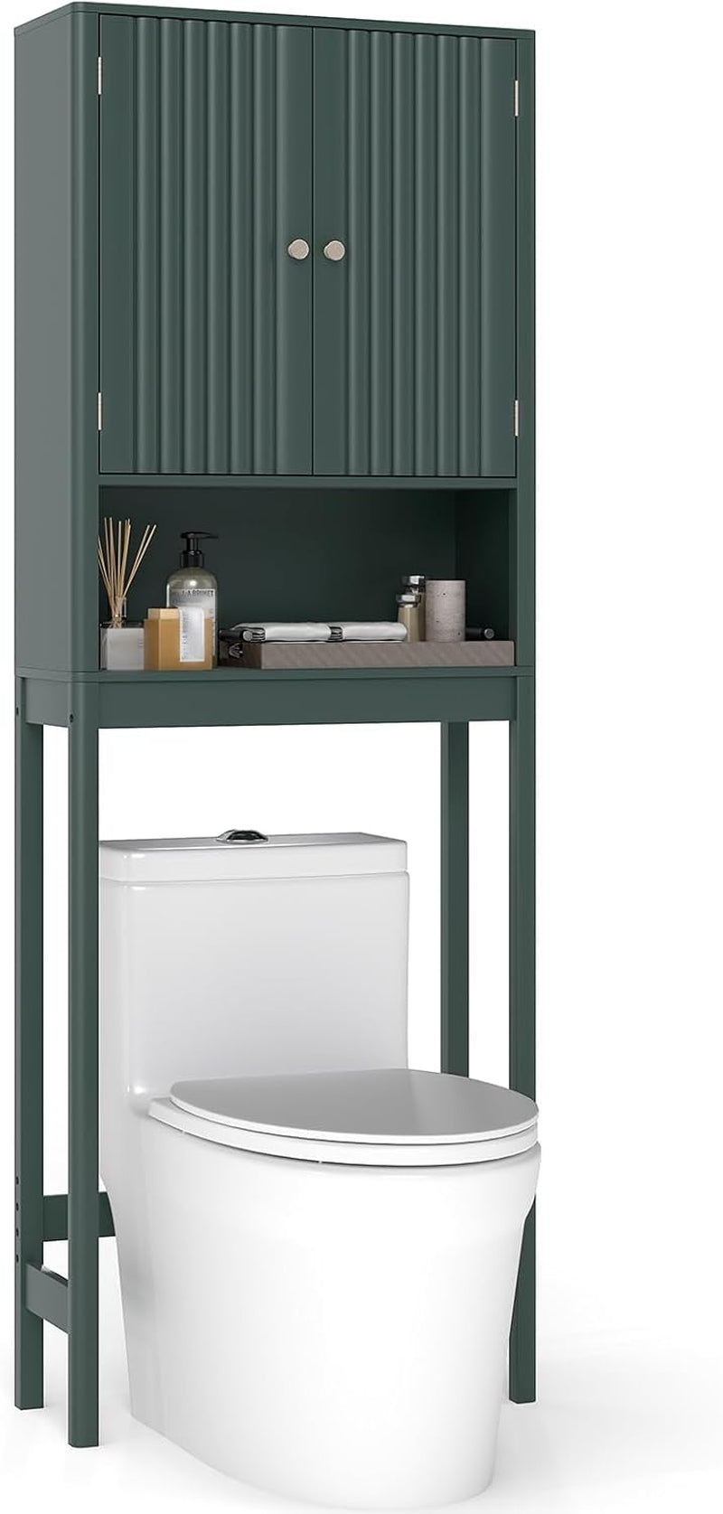 over the Toilet Storage Cabinet, above Toilet Bathroom Organizer with Fluted Doors, Adjustable Shelf & Bottom Bar, Tall Freestanding Rack Space Saver over Toilet (Green)