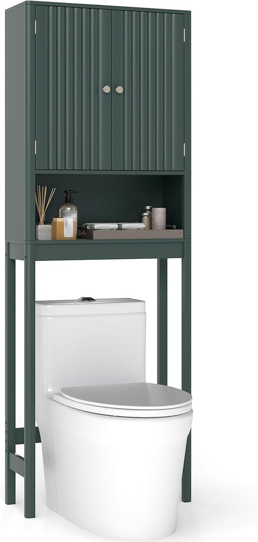 over the Toilet Storage Cabinet, above Toilet Bathroom Organizer with Fluted Doors, Adjustable Shelf & Bottom Bar, Tall Freestanding Rack Space Saver over Toilet (Green)