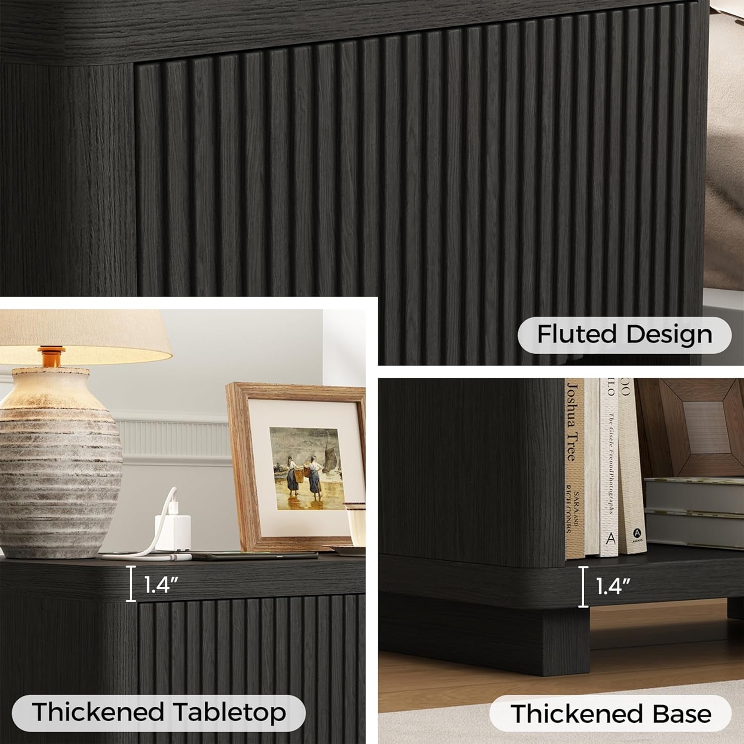 24" Wide Night Stands for Bedrooms Set of 2 with Charging Station, Wood Fluted Nightstand Set of 2 with Drawer and Outlet, 2Pcs Bedside Table for Bedroom