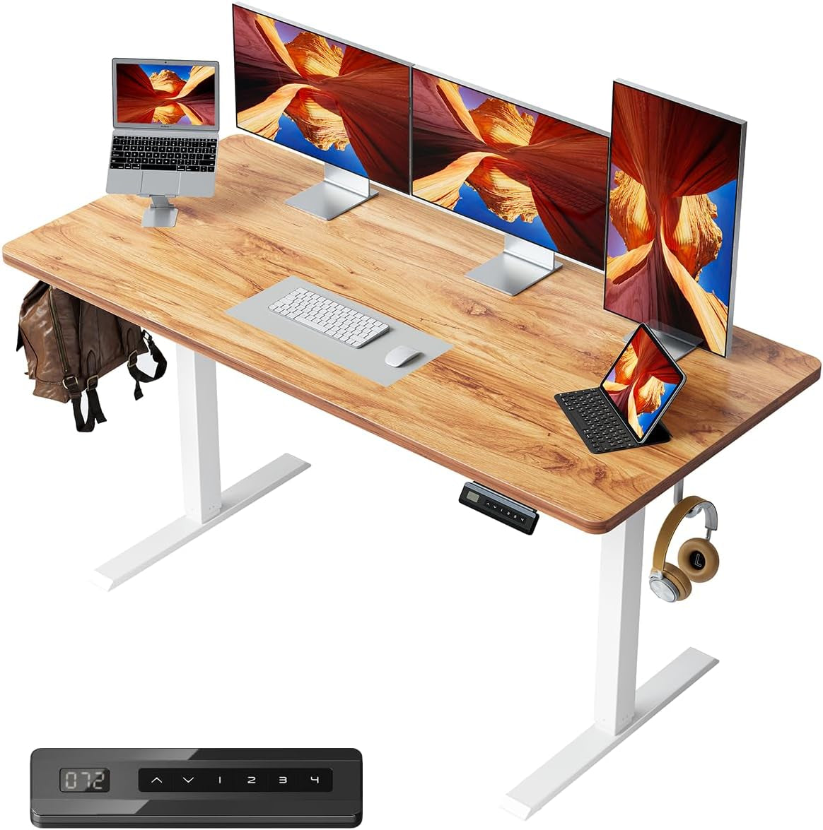 55 X 24 Large One-Piece Standing Desk, Adjustable Height Electric Computer Home Office Sit Stand up Workstation, with 4 Memory Presets, Headphone Hook, Light Rustic