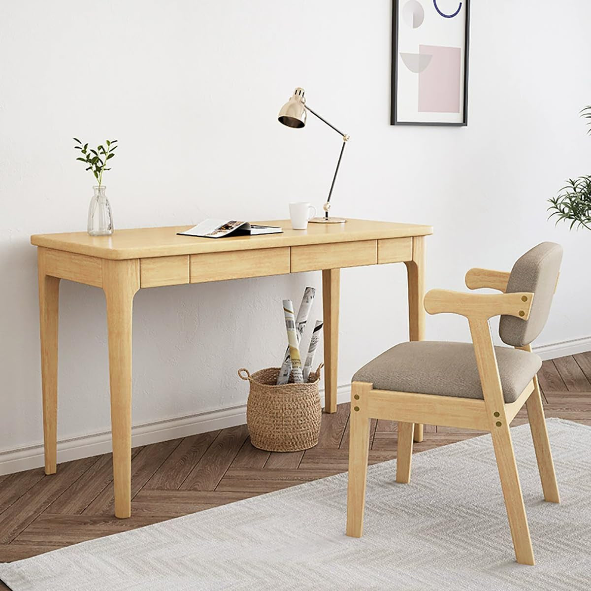 Solid Wood Desk with Drawers, Writing Study Table for Small Spaces, Mid Century Versatile Home Office Computer Workstation, Wooded Vanity Table for Bedroom