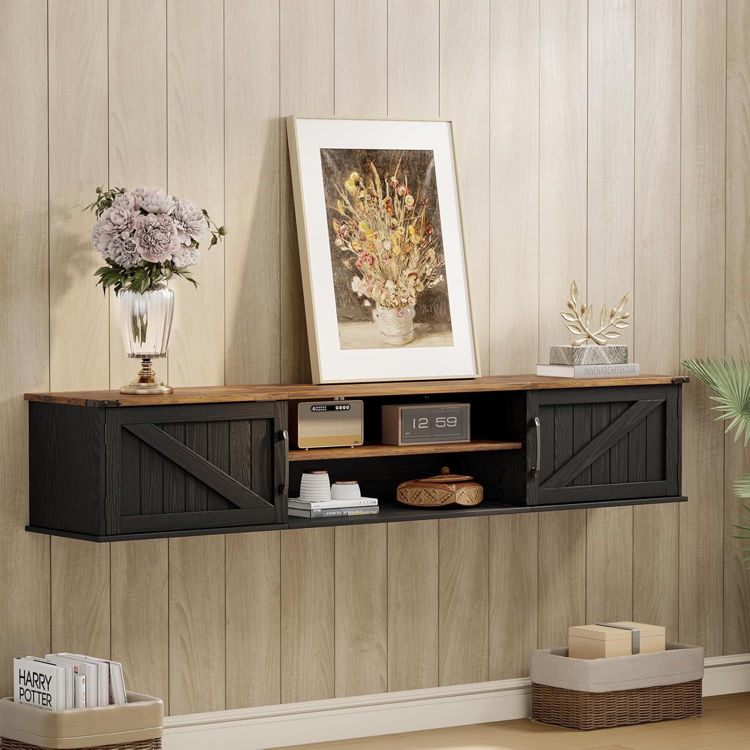 Floating TV Stand with Doors, 63'' Farmhouse Floating TV Shelf for Tvs up to 80 Inch, 2 Tier Wall Mounted TV Stand, Floating Entertainment Center, TV Floating Cabinet for Living Room, Bedroom, Black