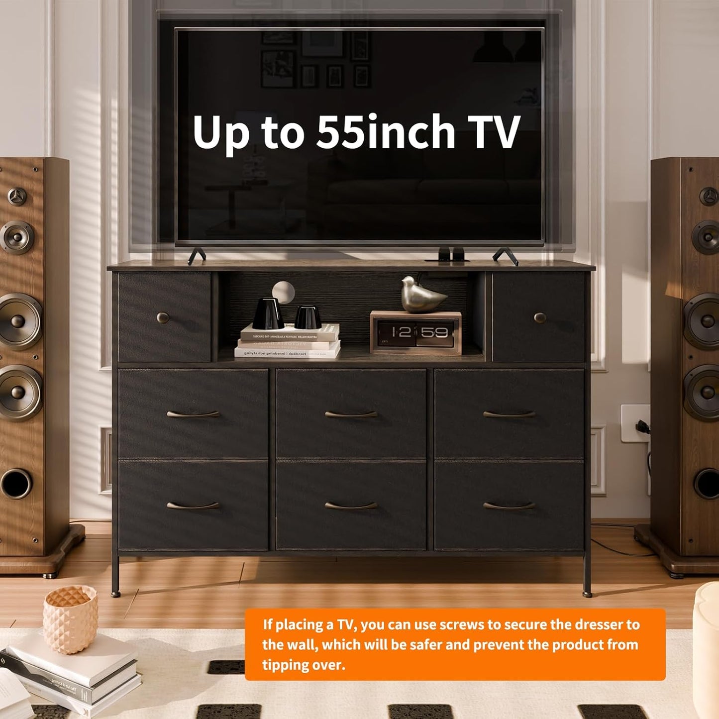 Dresser for Bedroom TV Stand for 55 Inch TV with Charging Station and LED Light, Fabric Chest of Drawers, 8 Drawer Kids Dressers for Boys Bedroom, Living Room, Closet (Black)