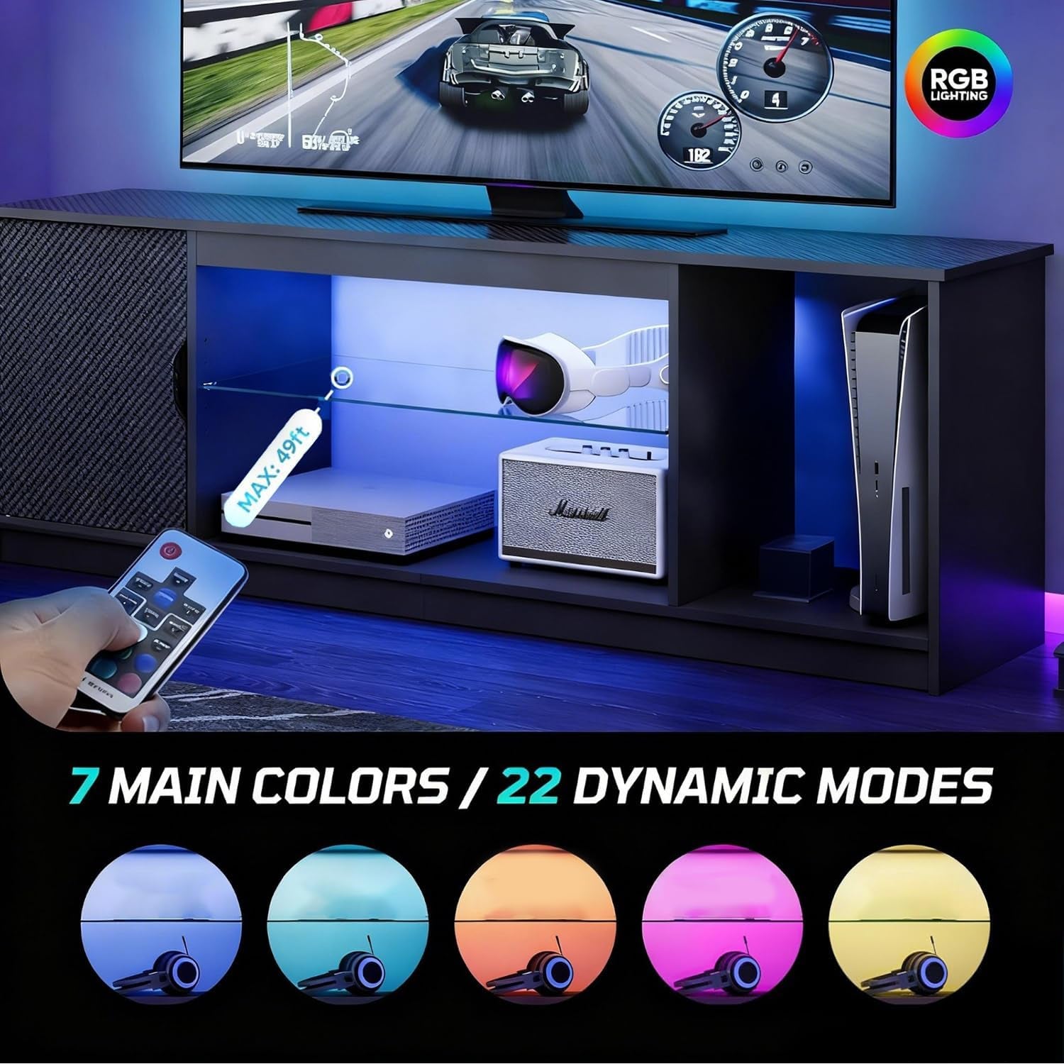57" LED TV Stand for 55/60/65 Inch Tvs - Gaming Entertainment Center with RGB Lights, Adjustable Glass Shelves & Cabinet for Ps5/Xbox, Modern Black TV Console for Living Room
