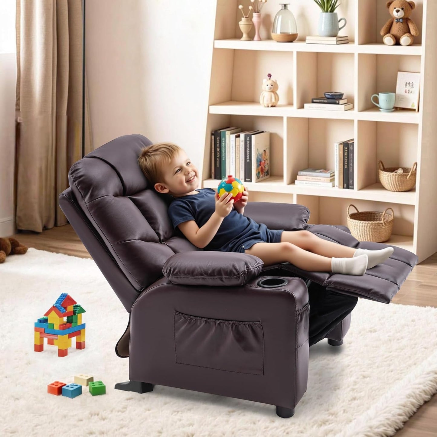 Big Kids Recliner for Ages 3+, Child Reclining Chair, Toddlers Recliner Sofa with Cup Holders (Faux Leather, Dark Brown)