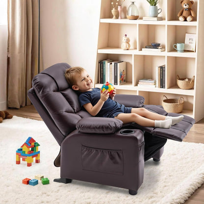 Big Kids Recliner for Ages 3+, Child Reclining Chair, Toddlers Recliner Sofa with Cup Holders (Faux Leather, Dark Brown)