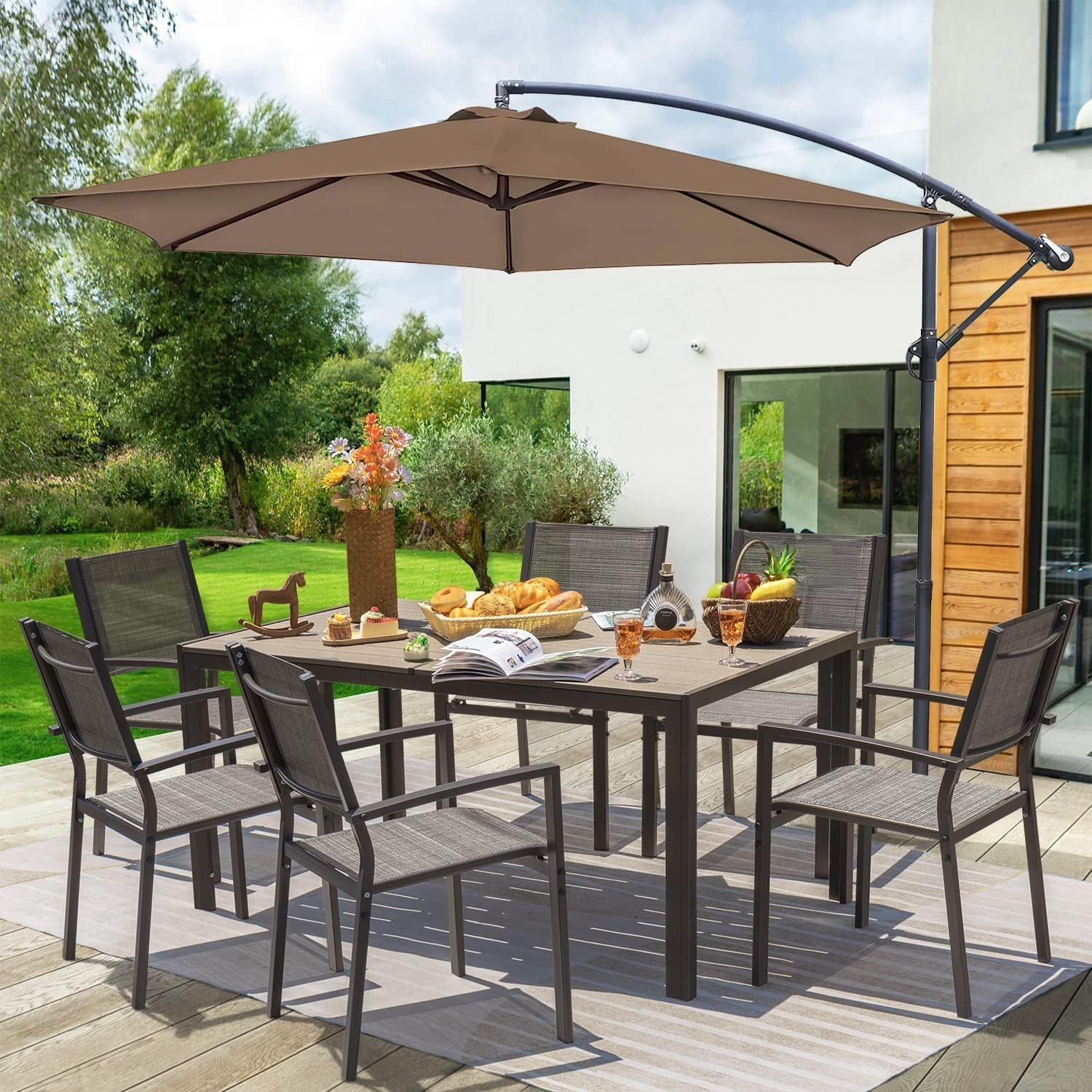 Patio Dining Set 7 Pieces Outdoor Furniture with Large Table and 6 Textilene Chairs for Porch, Poolside, Yard and Garden, Light Grey