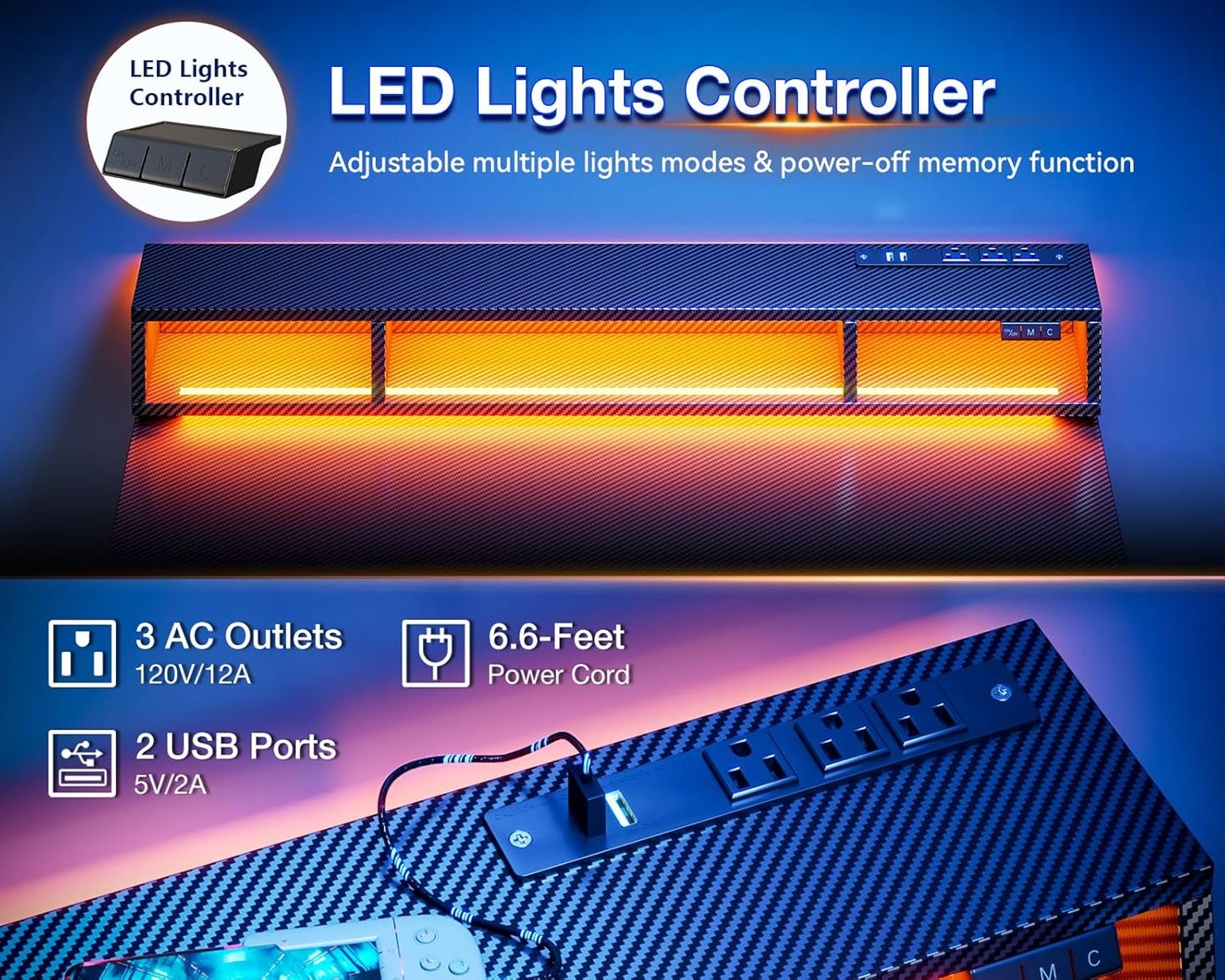 40 Inch Gaming Desk with LED Lights & Power Outlets, Small Computer Gaming Table with Float Monitor Stand, Kids Boys Desk with Carbon Fiber Texture