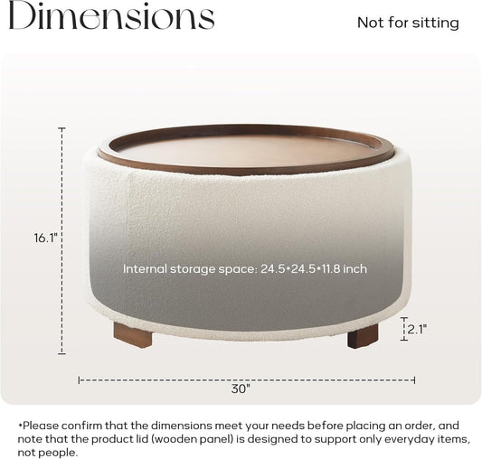 30 Inch round Storage Ottoman Coffee Table, Modern Boucle Ottoman with Lift-Off Lid and Solid Wood Legs for Living Room, Bedroom, Corners, Apartments (Beige)
