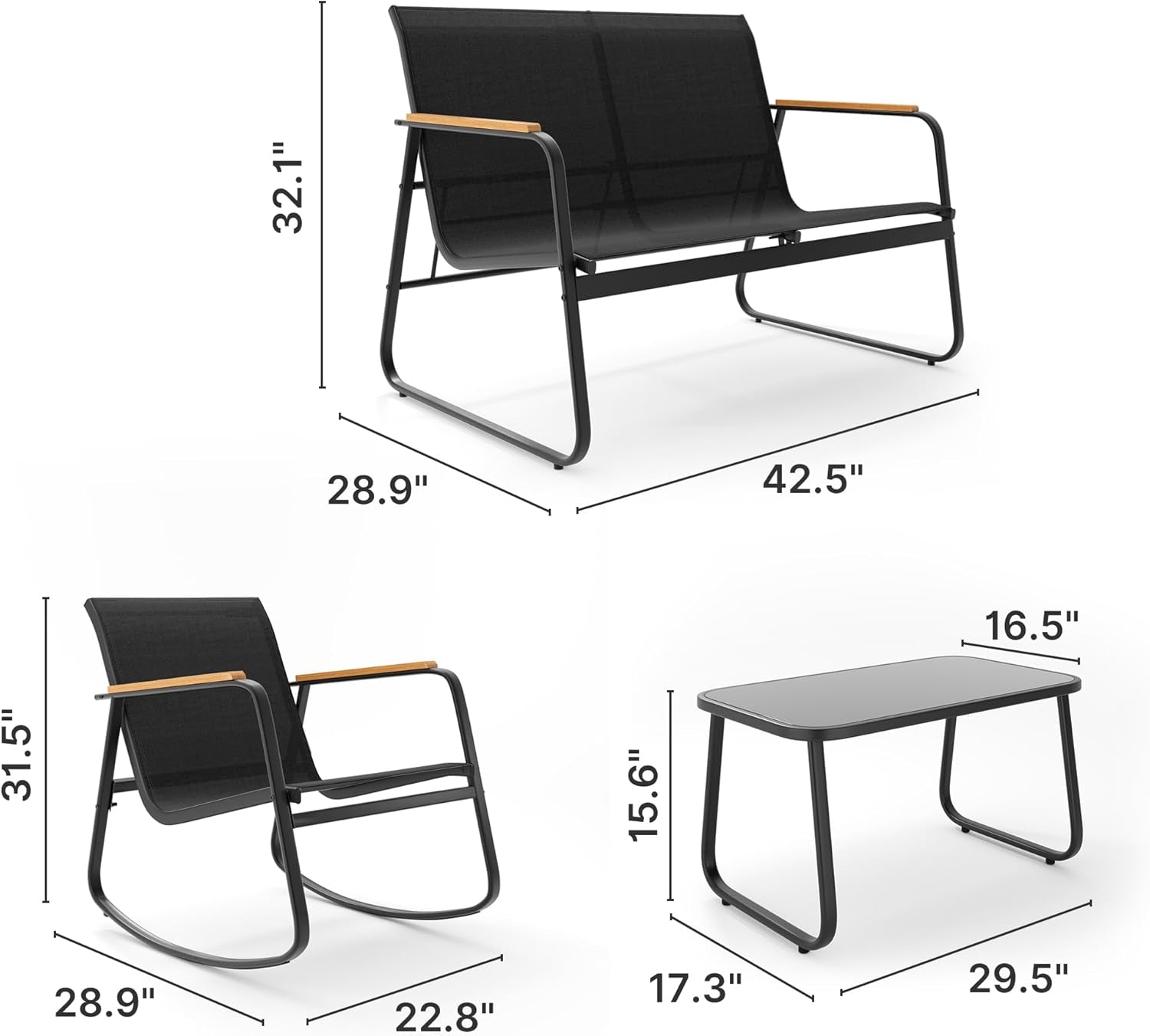 4-Piece Patio Furniture Set, Textilene Outdoor Conversation Set with 2 Rocking Chairs and Tempered Glass Coffee Table, for Lawn, Garden, Balcony, Poolside (Black)