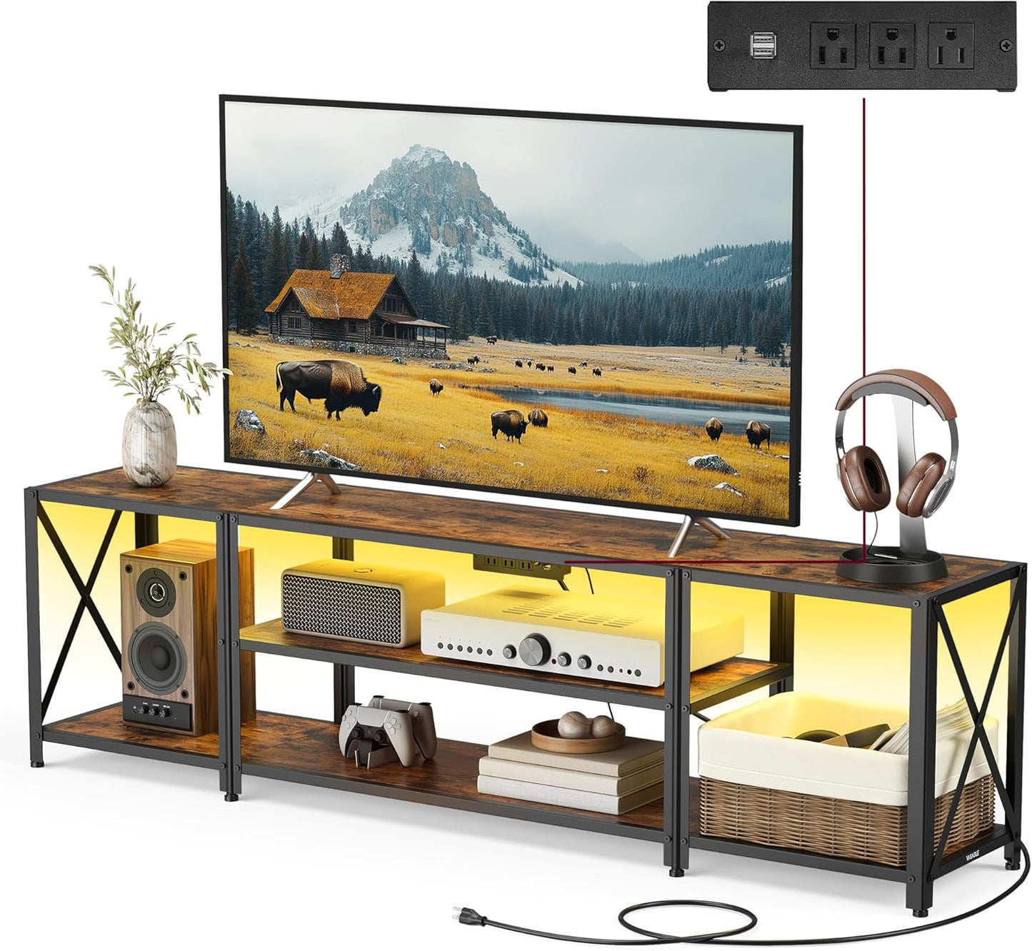 TV Stand with Power Outlets and LED Lights, for Tvs up to 75 Inches, Entertainment Center with Open Storage Shelves, Console Table for Living Room, Rustic Brown and Ink Black ULTV122K01