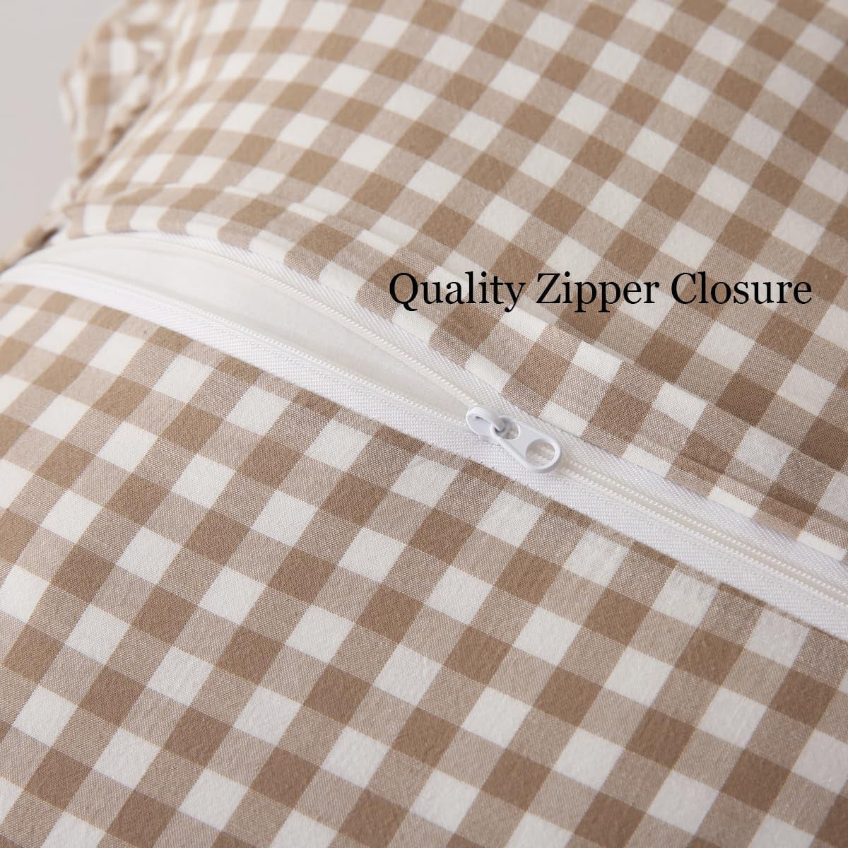 2 Pack Taupe/White Plaid Ruffle Throw Pillow Covers Farmhouse Checkered Chic Washed Cotton Pillowcases Gingham Pillow Shams for Bed, Sofa, Living Room-20"X20"