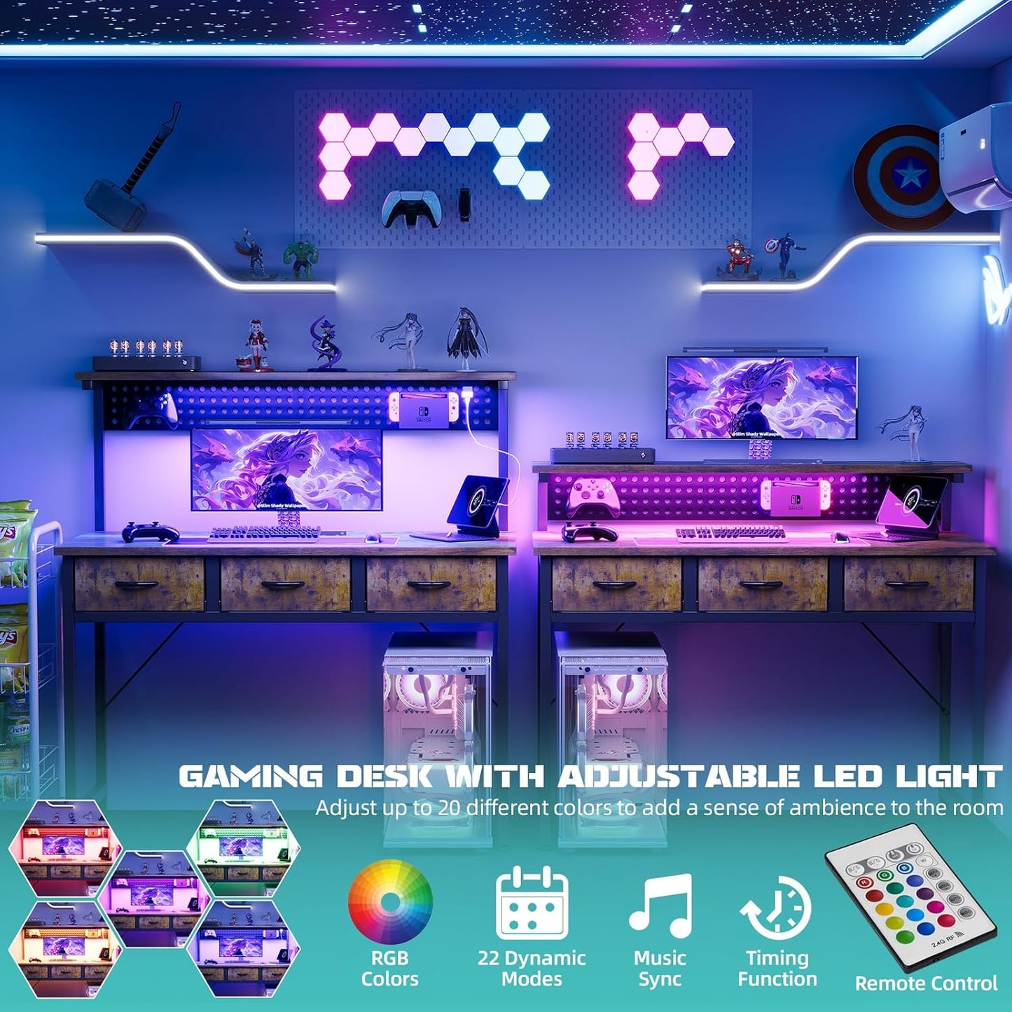 Computer Desk with Drawers, 40 Inch Computer Desk with Power Outlet & LED Light, Gaming Desk with Adjustable Monitor Stand & Pegboard, Modern PC Study Writing Table for Bedroom, Rustic Brown