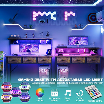 Computer Desk with Drawers, 40 Inch Computer Desk with Power Outlet & LED Light, Gaming Desk with Adjustable Monitor Stand & Pegboard, Modern PC Study Writing Table for Bedroom, Rustic Brown