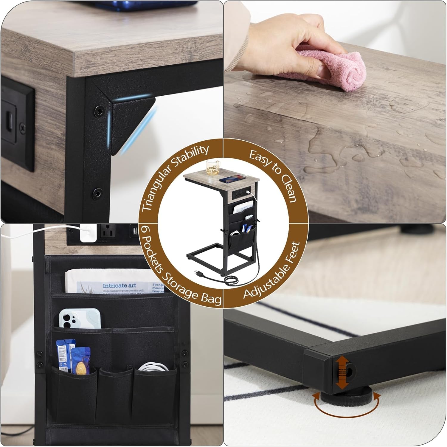 C Shaped End Table with Charging Station, TV Tray Set of 2, Couch Tables with Storage Bag, Slide under Sofa Side Table with USB Ports and Outlets for Living Room, Grey HET04CGY