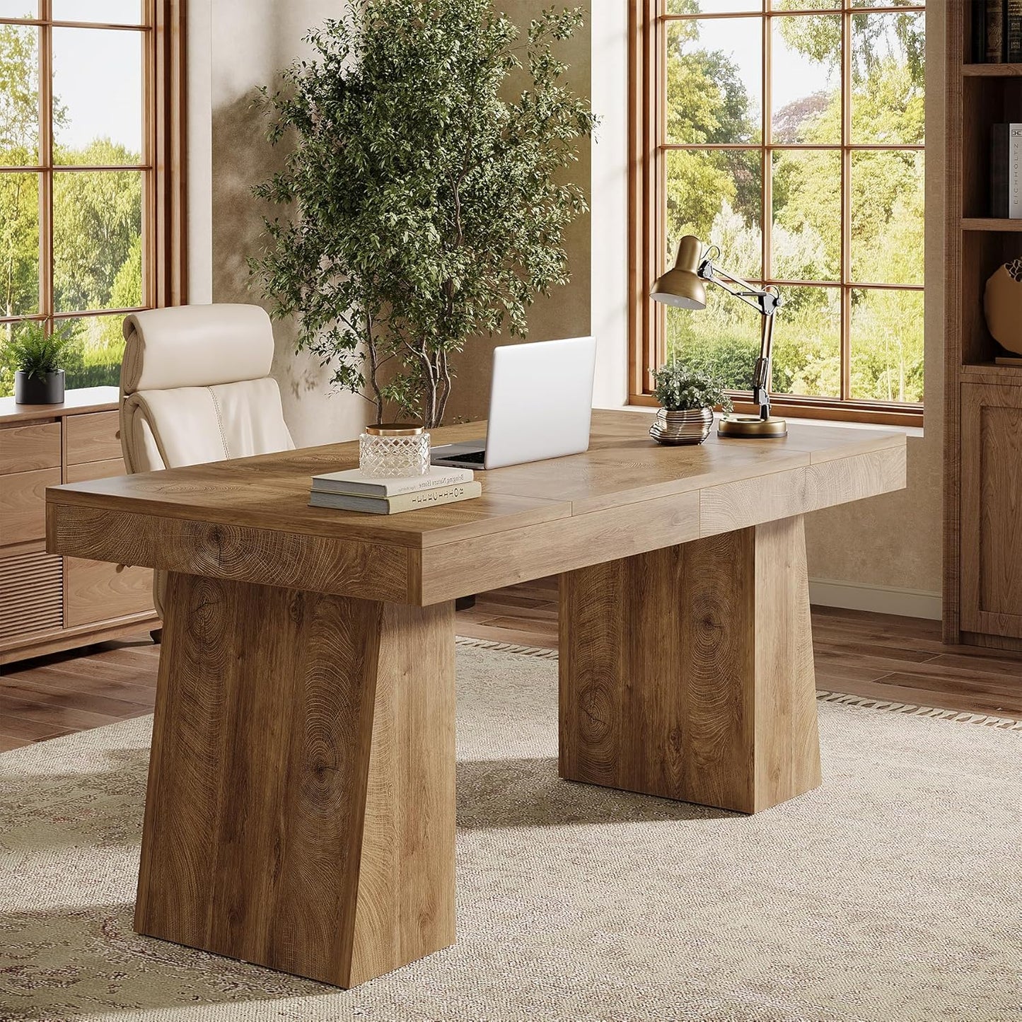 55" Executive Desk, Wooden Office Desk with Double Pedestal, Modern Simple Computer Writing Table for Home Office, Light Brown