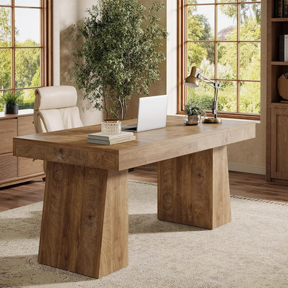 55" Executive Desk, Wooden Office Desk with Double Pedestal, Modern Simple Computer Writing Table for Home Office, Light Brown