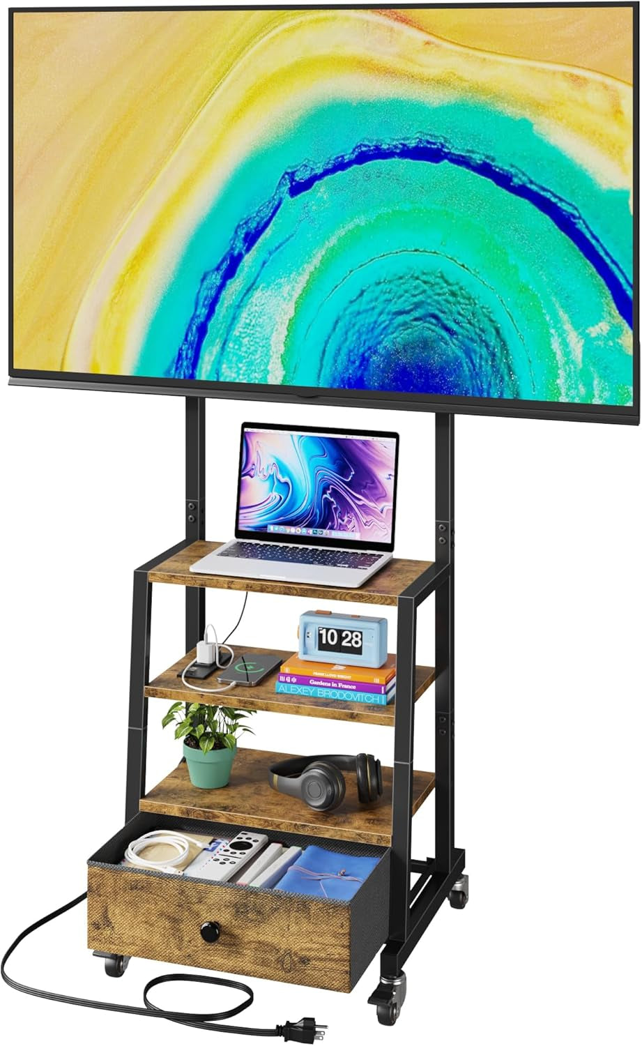 Rolling TV Stand with Wheels and Mount & Fabric Drawer - Entertainment Center with Power Outlet and Small TV Stand for Bedroom, Living Room - 15" Rustic Brown