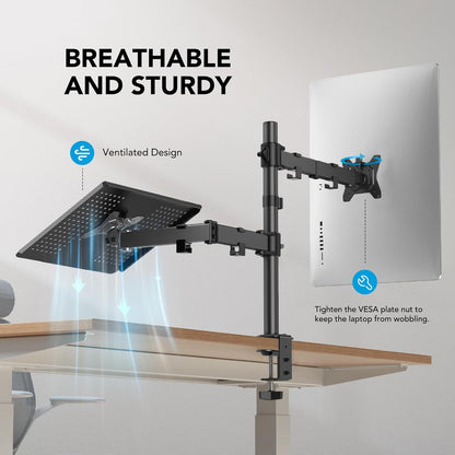 Adjustable Monitor Stand, Single Arm Desk Mount for 32 Inch Screen and 17 Inch Laptop, Heavy Duty Ergonomic Bracket Holds 22Lbs