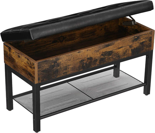 CAPADION Shoe Bench, Padded Bench with Storage Box and Shoe Shelf, Bedroom Stool, Steel Frame, Synthetic Leather, Industrial, Rustic Brown and Black ULSB46BX