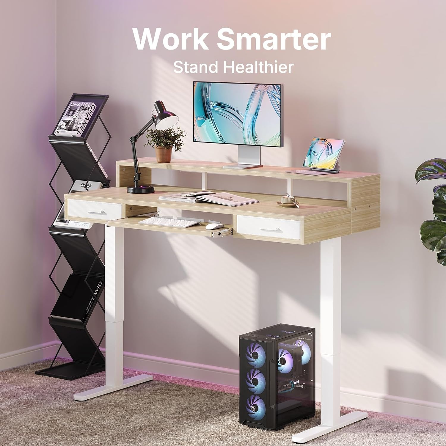 55″ X 26″ Electric Standing Desk with 2 Drawers &24.4″ Large Keyboard Tray, C-Clamp Mount Compatible, Adjustable Computer Desk for Office, Sit Stand up Desk with 4 Height Presets, Light Walnut
