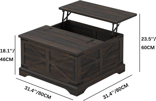 Square Coffee Table with Storage Farmhouse Coffee Table with Lifting Top Modern Wood Center Table for Living Room Home Office, Dark Brown