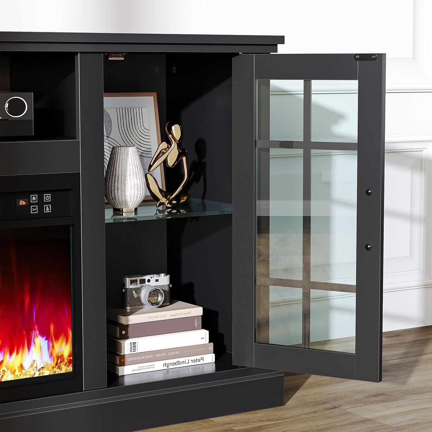 Fireplace TV Stand with Led and Power Outlets, Black Entertainment Center with 26" Electric Fireplace for 45/50/55/60/65 Inch Tvs, Modern TV Console with Storage Cabinet for Living Room