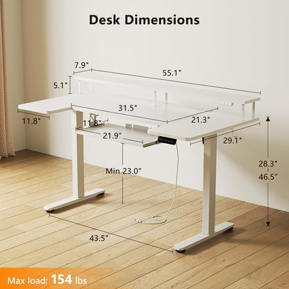 U Shaped Electric Standing Desk with Keyboard Tray, 55 Inch Height Adjustable Desk with Power Outlets & LED Lights, Sit Stand Table with Monitor Stand for Home, Office, White