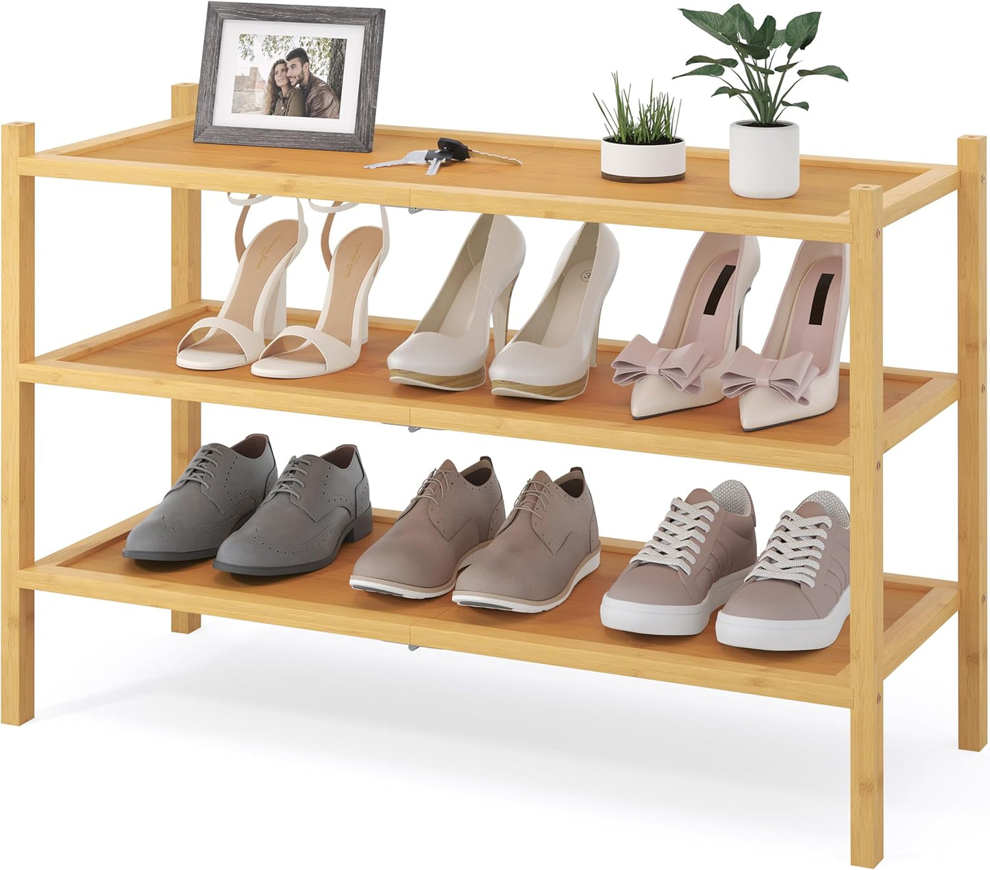 Bamboo Shoe Rack, 3 Tier Shoe Organizer for Entryway & Closet, Stackable Free Standing Storage Shelf for Shoes, Bags & Plants, Natural
