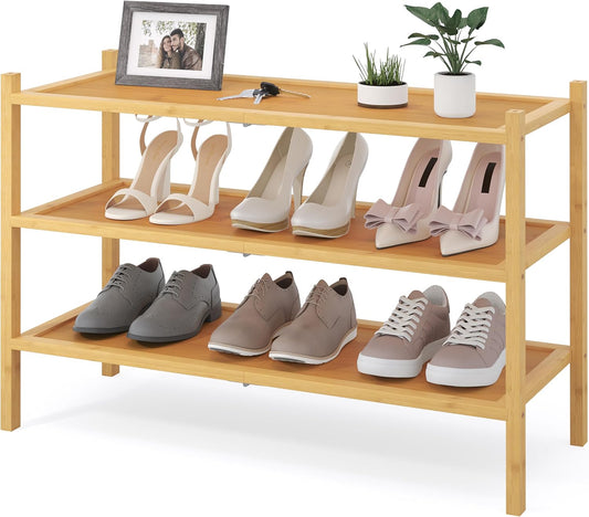 Bamboo Shoe Rack, 3 Tier Shoe Organizer for Entryway & Closet, Stackable Free Standing Storage Shelf for Shoes, Bags & Plants, Natural