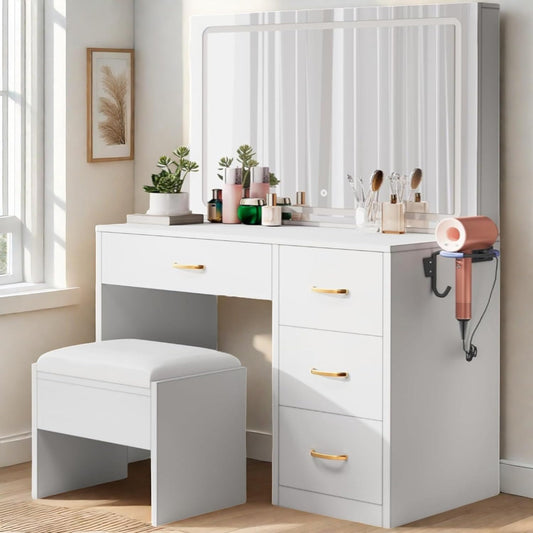 Makeup Vanity with Large Mirror and LED Lights, Vanity Desk Set with Power Outlet & Chair & 3 Lighting Colors, 4 Drawers, Dressing Table Stool Set for Dressing Room, Pearl White
