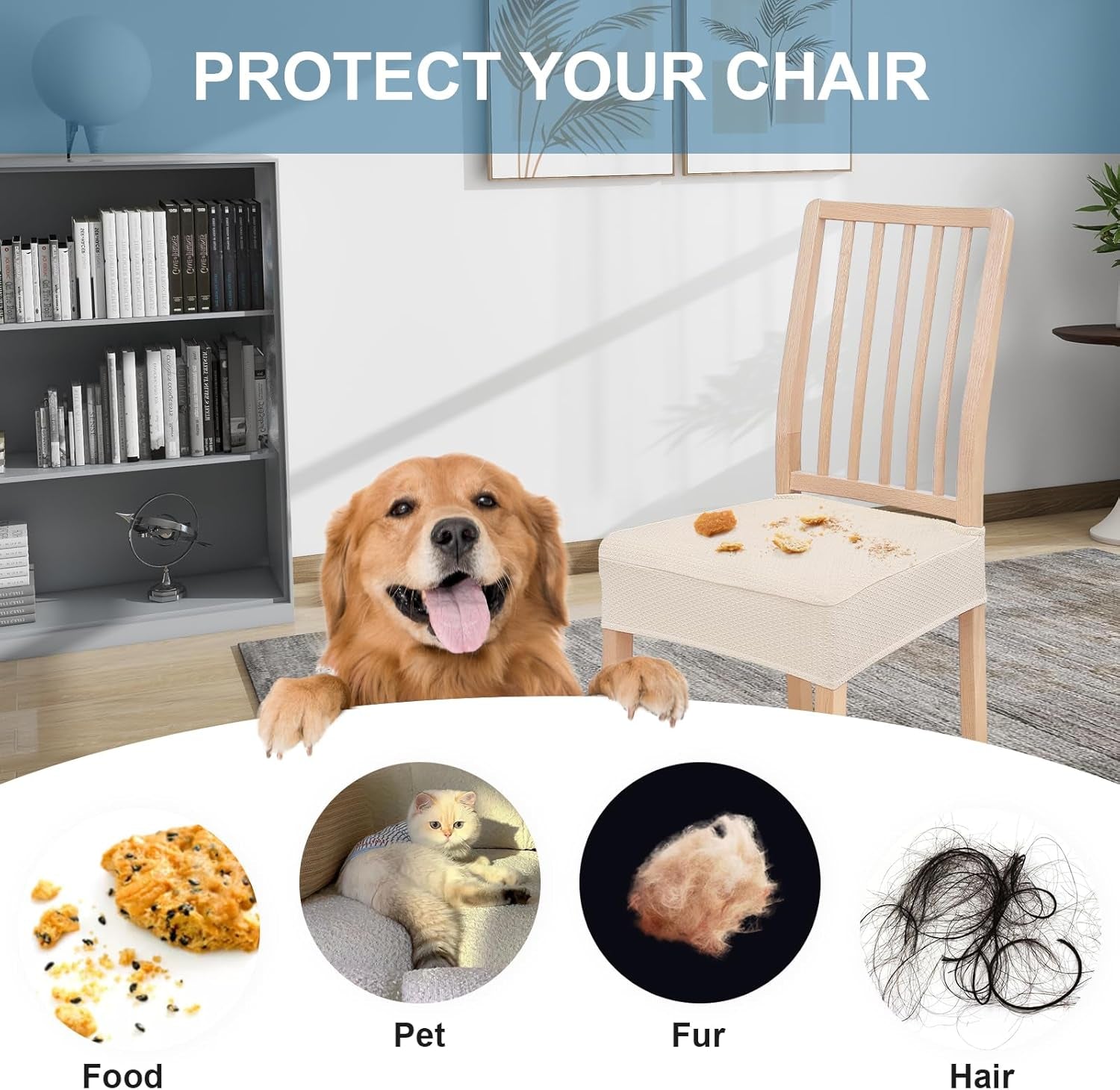Stretch Jacquard Seat Covers for Dining Room Chairs Set of 4, Removable Washable Chair Seat Protector Slipcovers, No Rear Covers, Beige