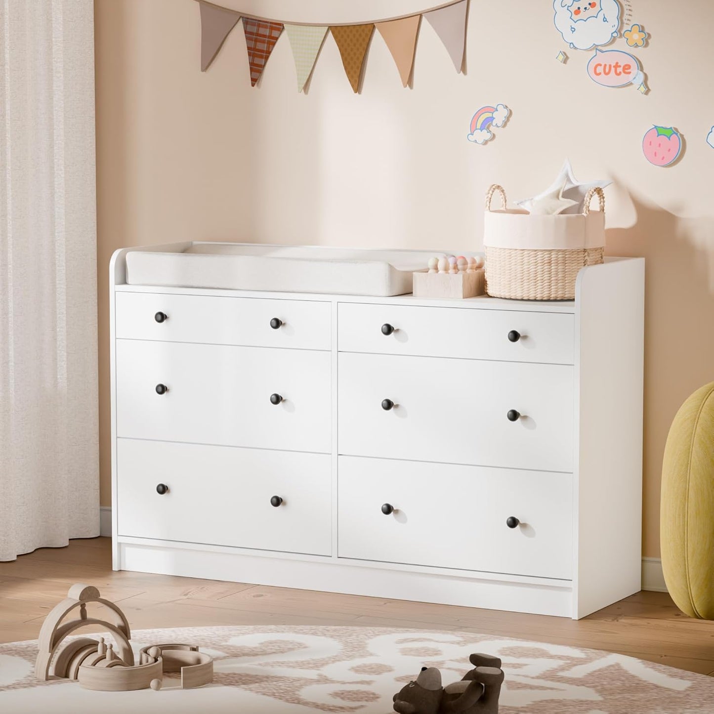 Baby Dresser with 6 Drawers and Large Table Top, Multi-Functional Chest of Drawer, Drawer Dresser with Three-Sided High Rails for Nursery, Children'S Room, Bedroom, White