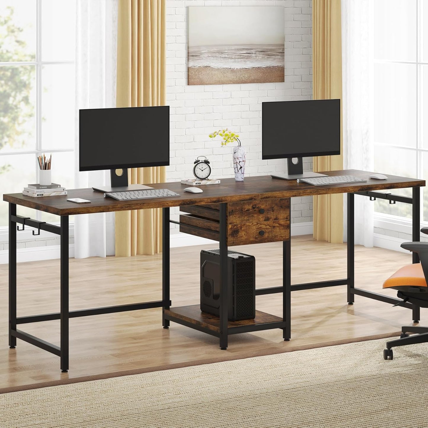 Two Person Desk, 79 Inch Double Desk with 2 Drawers, Large Computer Desk Long Desks with Storage Shelves, Writing Table Study Desk for Home Office, Rustic Brown (NY001)
