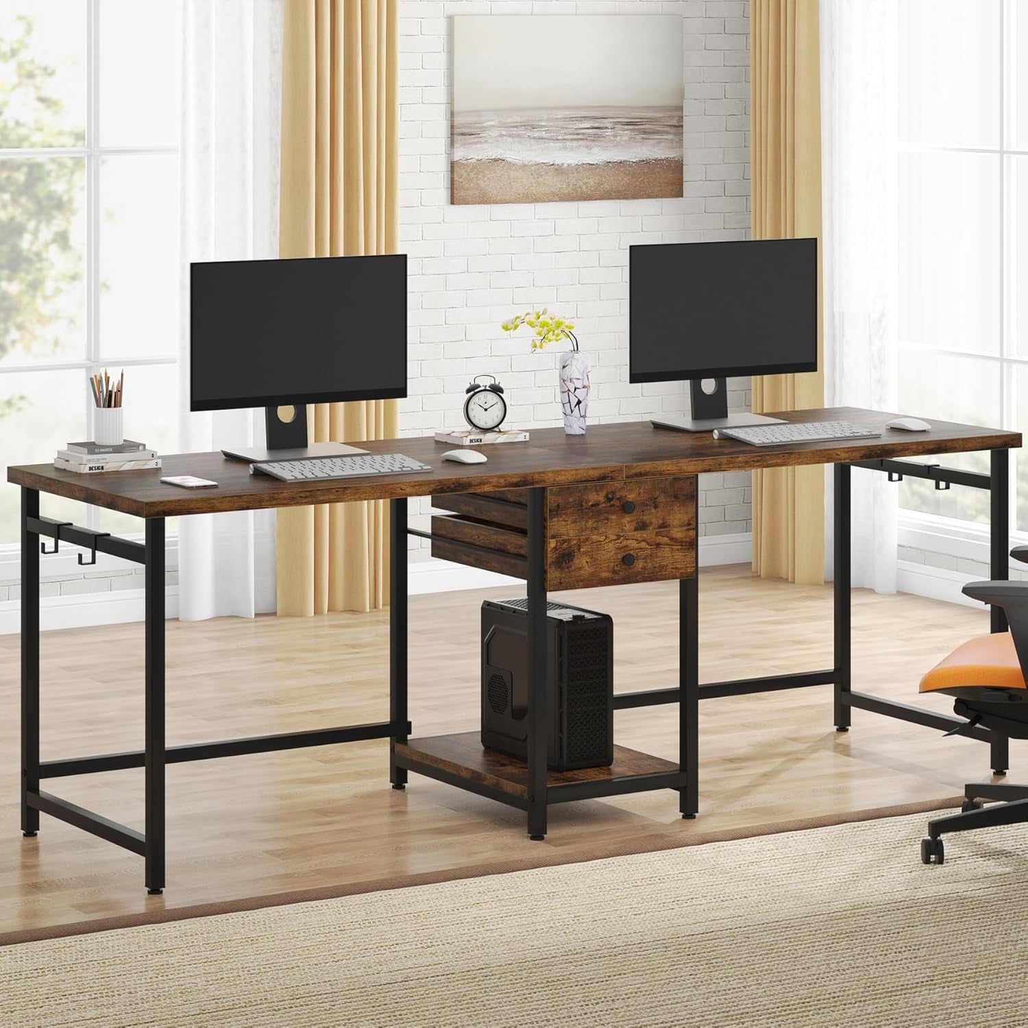 Two Person Desk, 79 Inch Double Desk with 2 Drawers, Large Computer Desk Long Desks with Storage Shelves, Writing Table Study Desk for Home Office, Rustic Brown (NY001)
