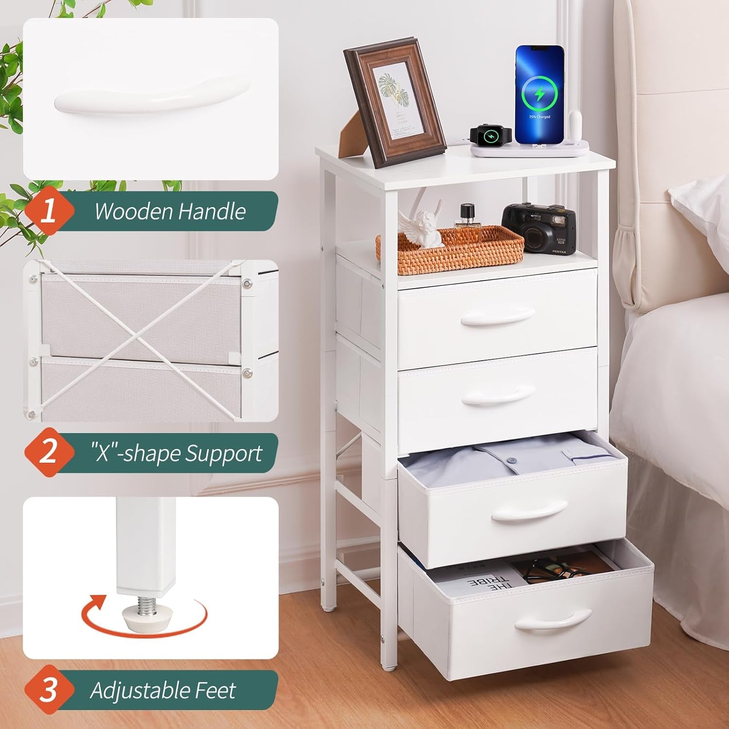 Night Stand - LED White Nightstand with Charging Station, Bedside Table with 4 Storage Drawers and Storage Shelf, End Table with USB Ports and Outlets, Tall Dresser for Bedroom