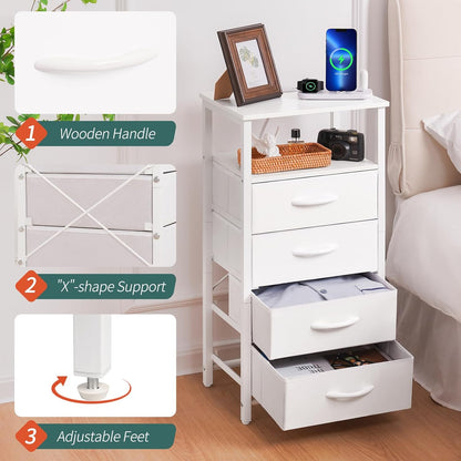 Night Stand - LED White Nightstand with Charging Station, Bedside Table with 4 Storage Drawers and Storage Shelf, End Table with USB Ports and Outlets, Tall Dresser for Bedroom