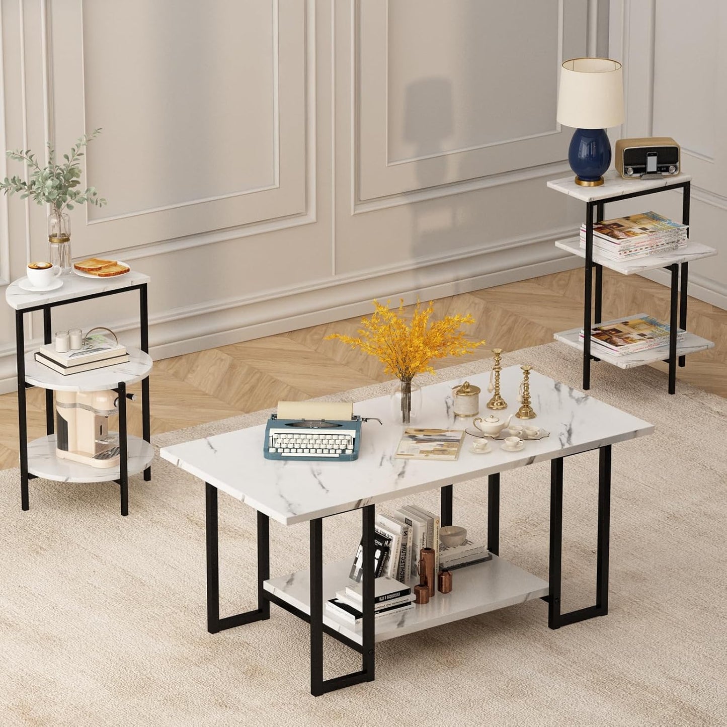 Faux Marble Table Set,Coffee Table & 2 Side Table, Faux Marble Tabletop and Metal Frame, 3 Piece Table Sets, for Living Room Apartment,White & Black