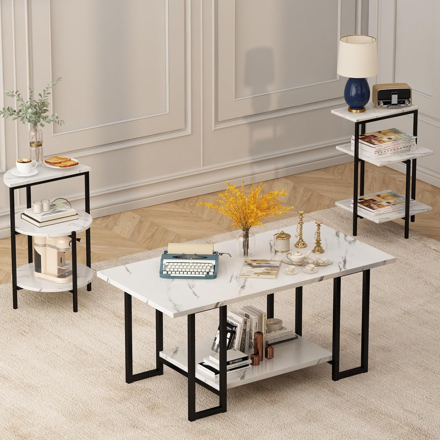 Faux Marble Table Set,Coffee Table & 2 Side Table, Faux Marble Tabletop and Metal Frame, 3 Piece Table Sets, for Living Room Apartment,White & Black