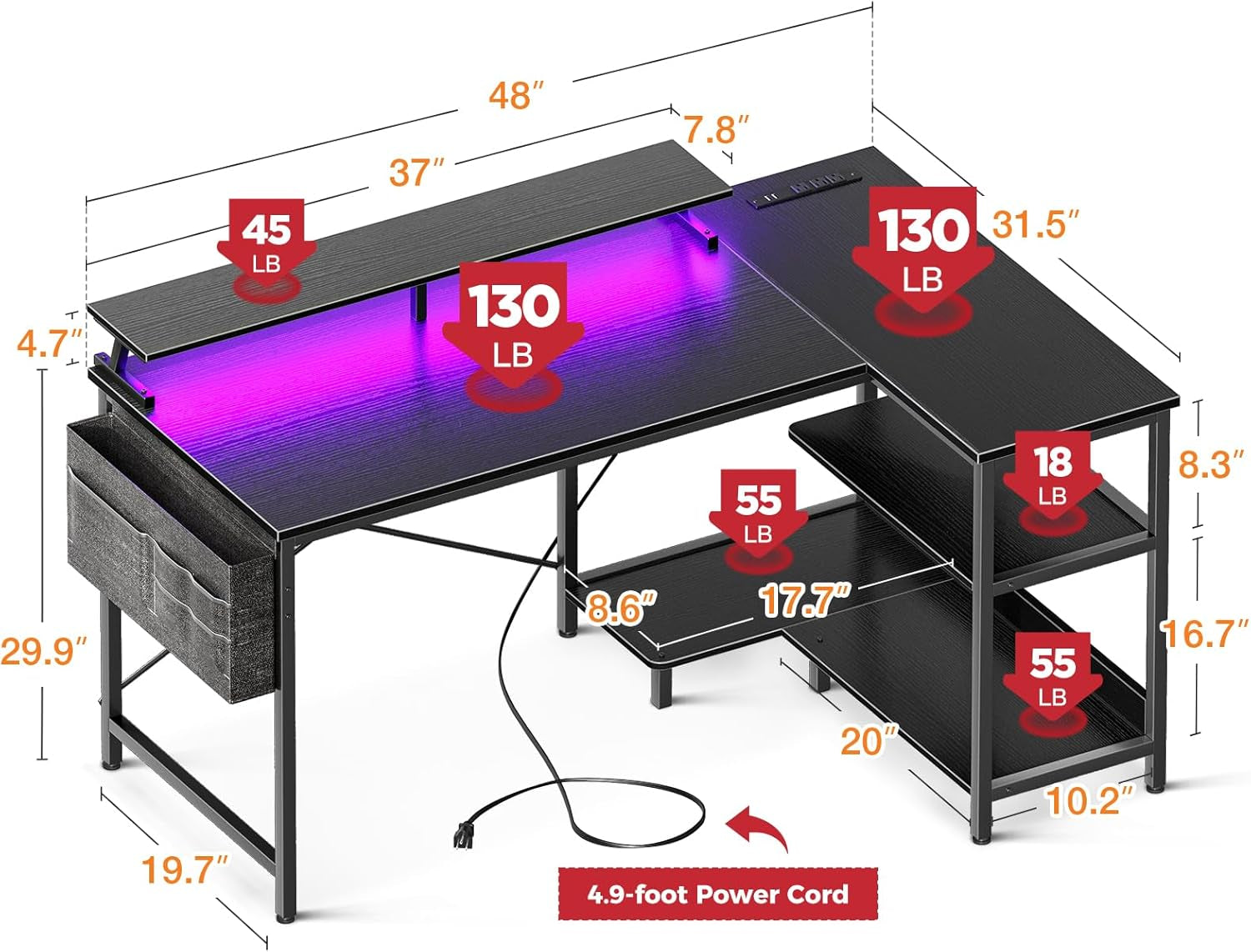 48 Inch Gaming Desk with USB Charging Ports and LED Lights, Reversible L Shaped Computer Desk with Storage Shelves & Monitor Stand, Corner Gamer Desk Table with Power Outlets, Black