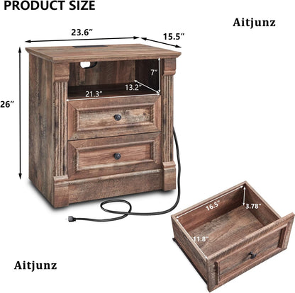 26" Tall Nightstand with Charging Station, Farmhouse 23.6" Wide Large End Table W/Roman Column, Wood Rustic Side Table W/Open Shelf, 2 Drawers Dresser for Bedroom, Living Room, Light Brown