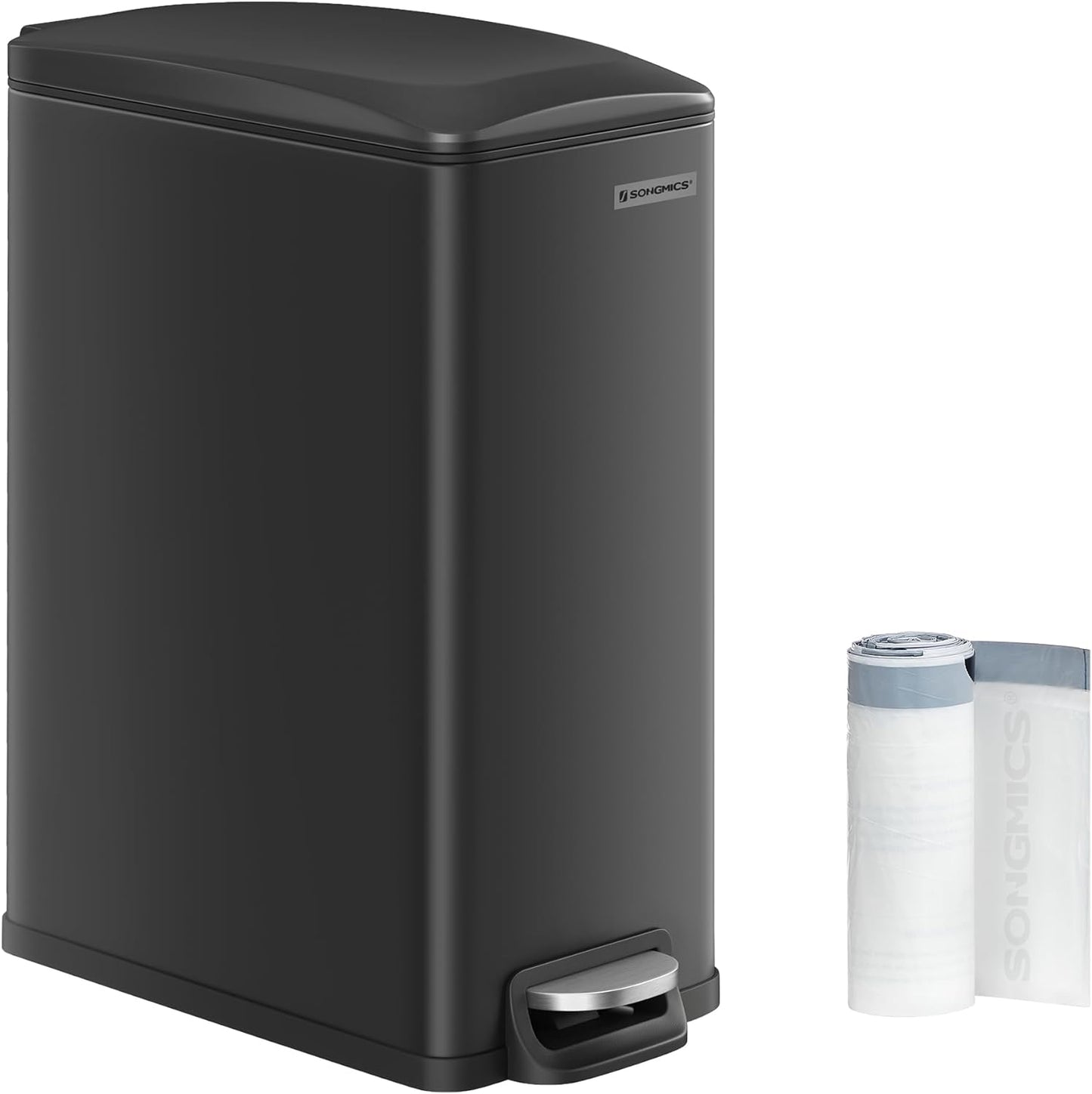 Slim Trash Can, 13-Gallon (50 L) Garbage Can for Narrow Spaces with Soft-Close Lid, Inner Bucket, and Step-On Pedal, Stainless Steel, 15 Trash Bags Included, Silver ULTB510E48