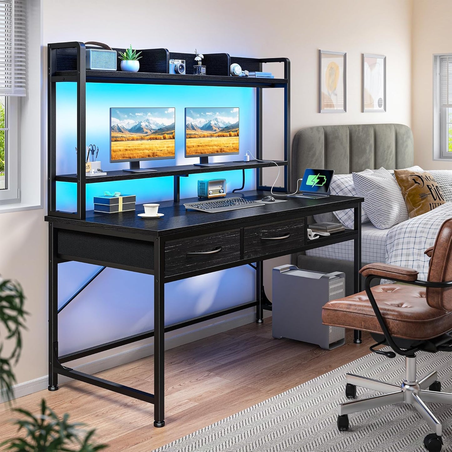 39.4" Computer Desk with Hutch & Monitor Stand,Gaming Desk with LED &Power Outlet,Writing Desk with 2Drawers &1Open Storage,Office Desk,Study Desk for Bedroom Home Office,Small Space,Black