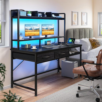 39.4" Computer Desk with Hutch & Monitor Stand,Gaming Desk with LED &Power Outlet,Writing Desk with 2Drawers &1Open Storage,Office Desk,Study Desk for Bedroom Home Office,Small Space,Black