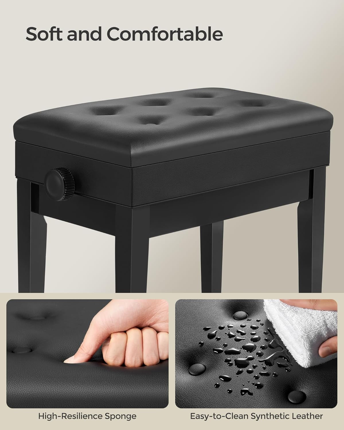 Adjustable Wooden Piano Bench Stool with Sheet Music Storage Black ULPB57H