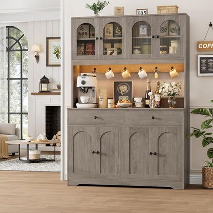 71" LED Kitchen Pantry Cabinet with Power Outlet, Large Kitchen Hutch Storage Cabinet with Arched Door, Shelves, 2 Drawer, Tall Farmhouse Coffee Bar W/Hutch for Home Dining Living Room, Ash Grey