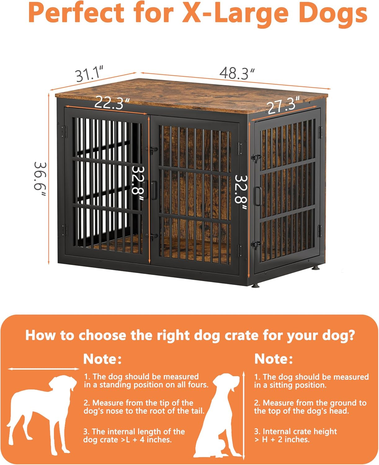 Heavy Duty Dog Crate Furniture for Xlarge Dog, 48''XL Dog Kennel Indoor Furniture,Indestructible Metal Crate with Double-Doors, Dog Crate End Table, Chew-Resistant