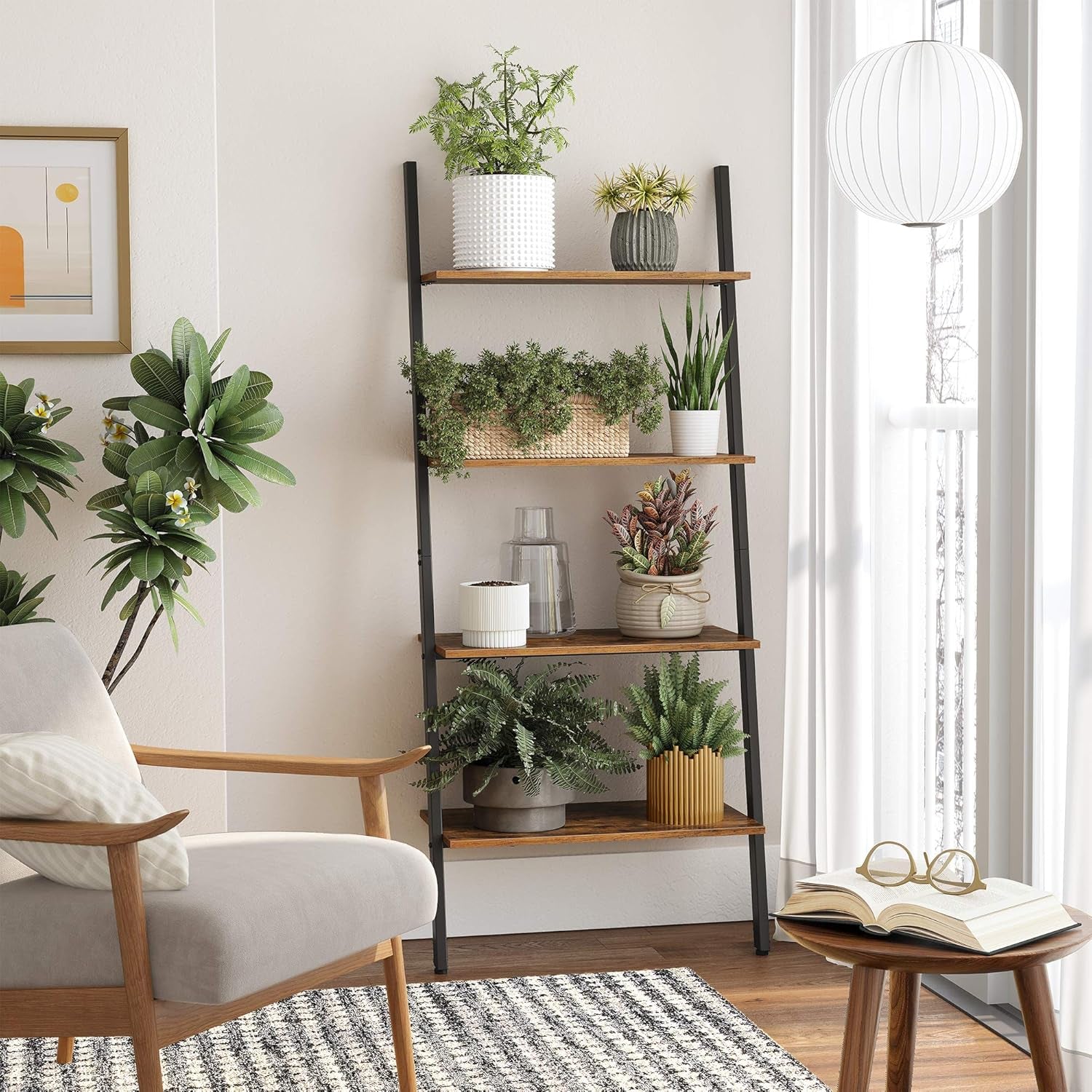 Ladder Shelf, 4-Tier Bookshelf, Storage Rack Shelves, for Living Room, Kitchen, Office, Steel, Stable, Sloping, Leaning against the Wall, Industrial, Rustic Brown and Black